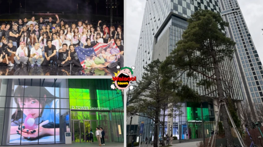 SM娱乐艺人与粉丝合影现场 以及 首尔D TOWER大楼外观与电子屏广告