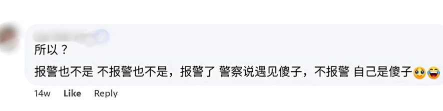 Facebook 评论区截图，网友留言调侃报警与不报警都显得尴尬