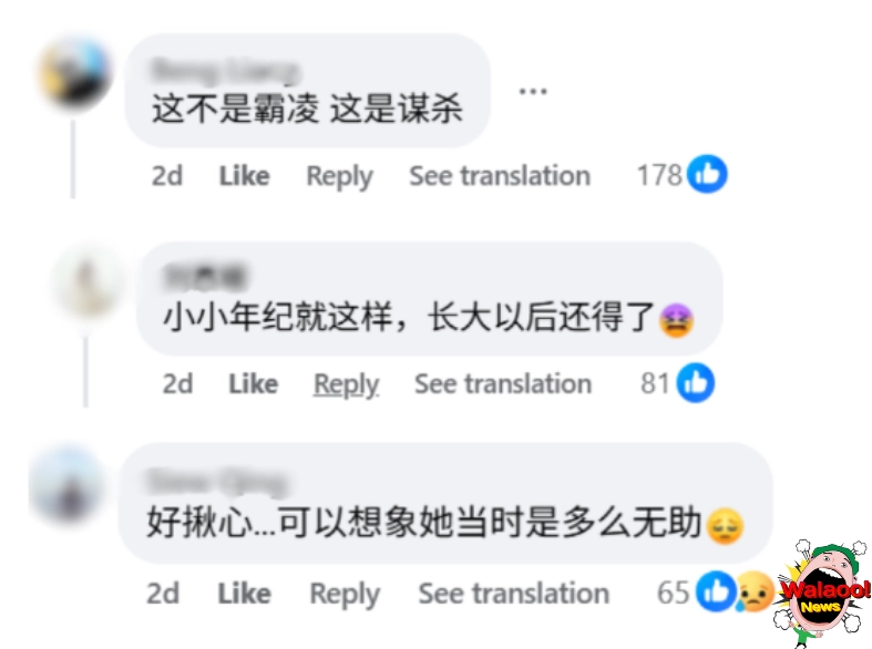 Facebook 评论区截图，网友留言批评校园霸凌行为并表达对受害者的同情