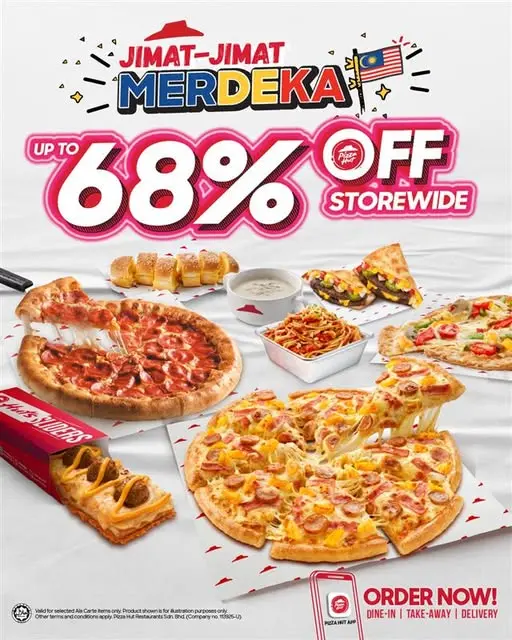 Pizza Hut 国庆 Jimat-Jimat Merdeka 优惠，全场高达 68% 折扣，美食套餐展示