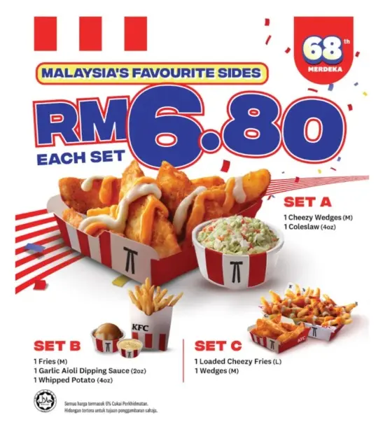 KFC 国庆优惠套餐，每份仅 RM6.80，炸鸡薯条凉拌菜组合
