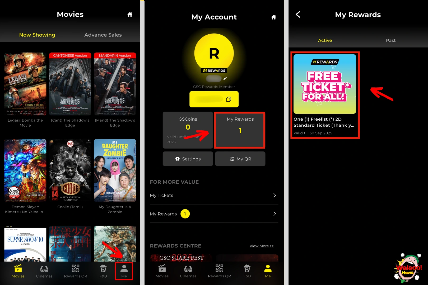 GSC App 界面截图显示，Free 2D Ticket For All 优惠券，领取方式在 My Rewards 页面。