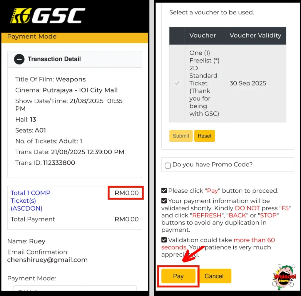 GSC App 付款截图显示，免费票券兑换成功，金额显示 RM0。