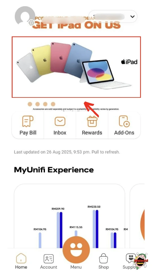 MyUnifi App 截图显示首页宣传图，用户可点击进入申请 iPad 升级计划。