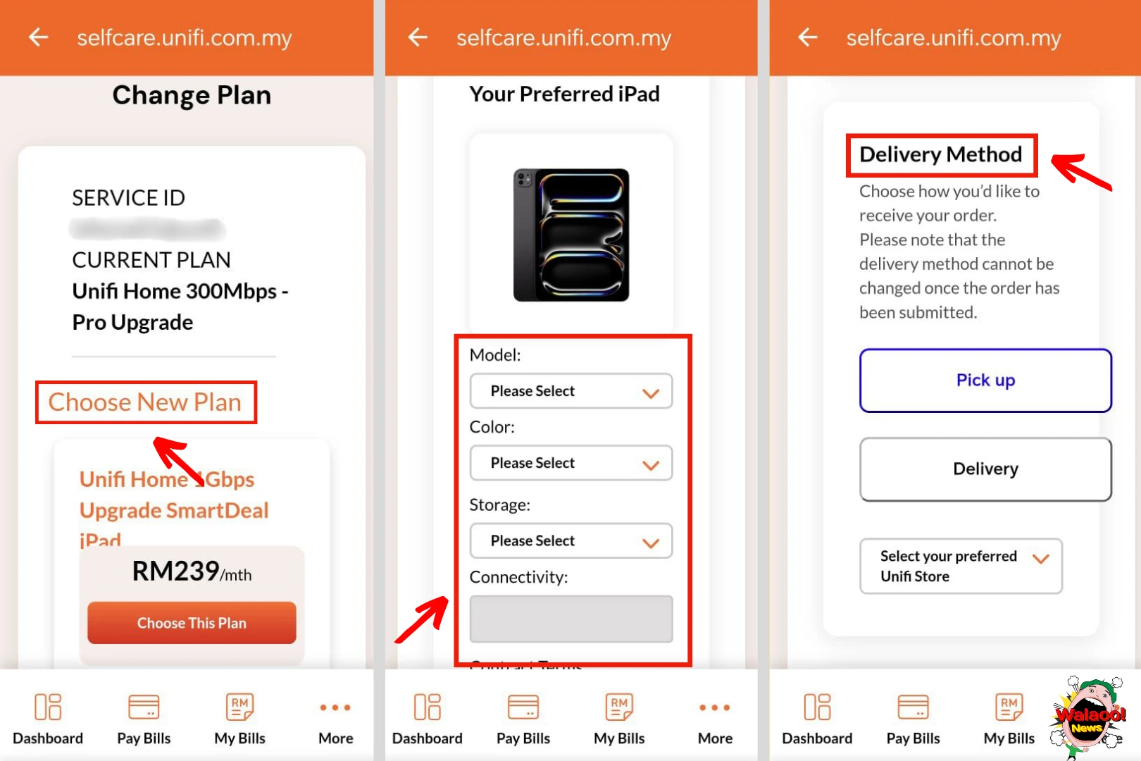 MyUnifi App 截图显示申请流程，包括选择新配套、iPad 型号与领取方式。