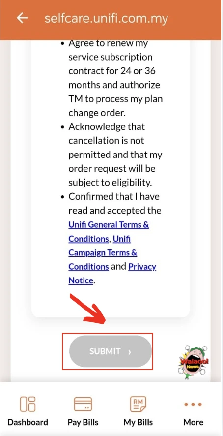 MyUnifi App 截图显示用户在阅读并同意条款后，点击 Submit 按钮完成申请。