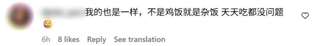 Facebook 评论截图，网友留言表示对象饮食固定，不是鸡饭就是杂饭，每天吃也OK