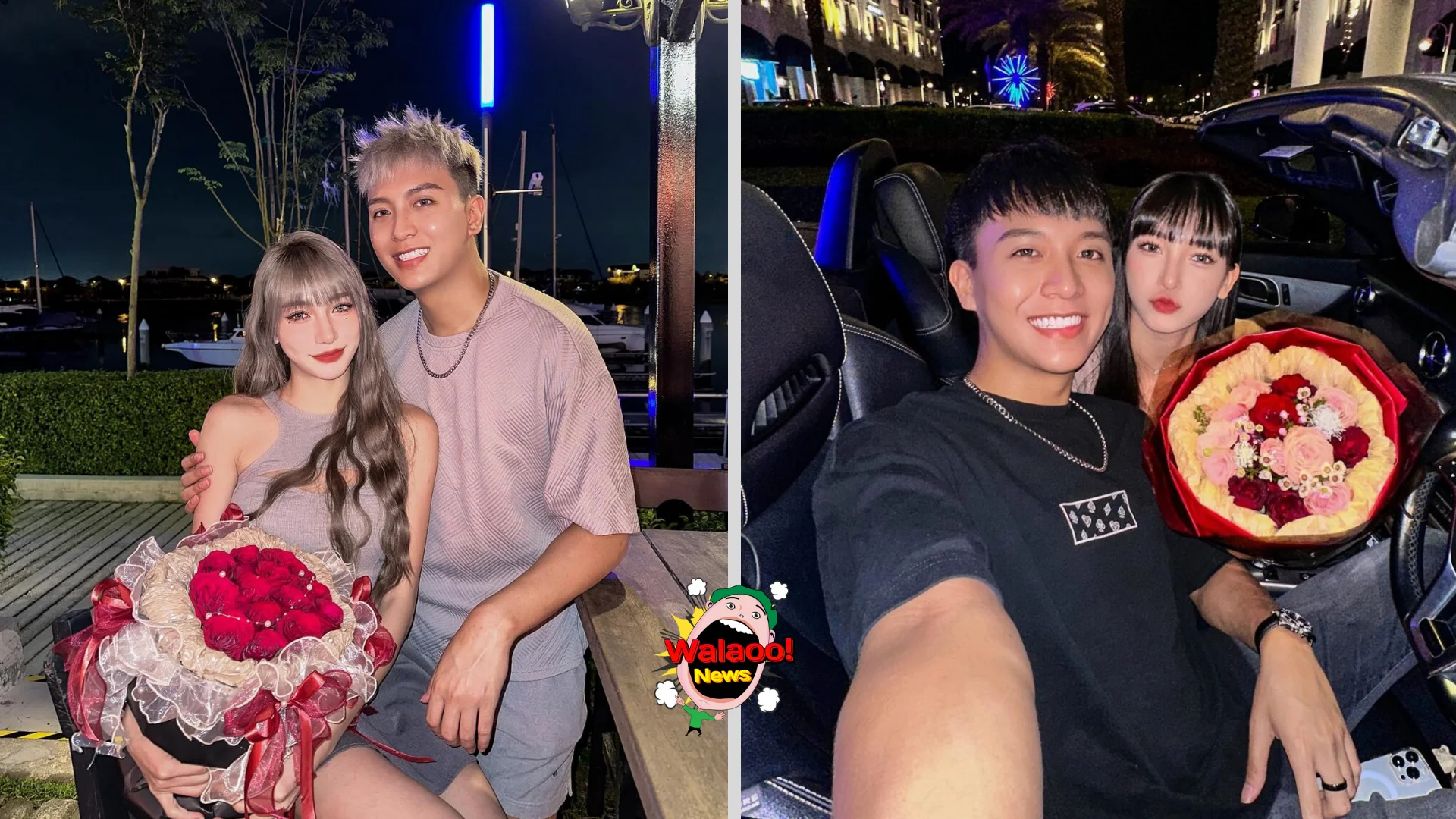 女子手捧花束，与同一男子在夜晚不同场景合影，一张在户外码头，一张在敞篷车内。