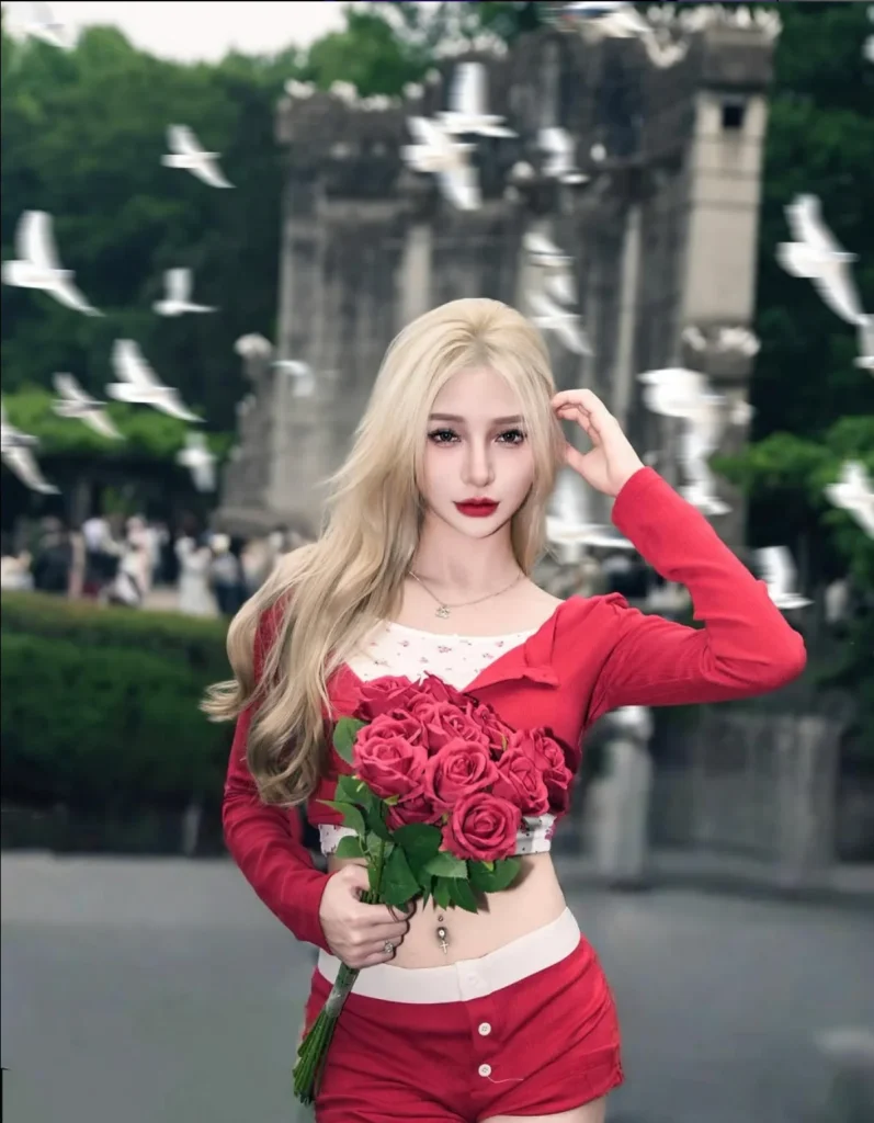 一名金发女子身穿红色套装，手捧玫瑰花站在户外景点前，背景有飞翔的白鸽。