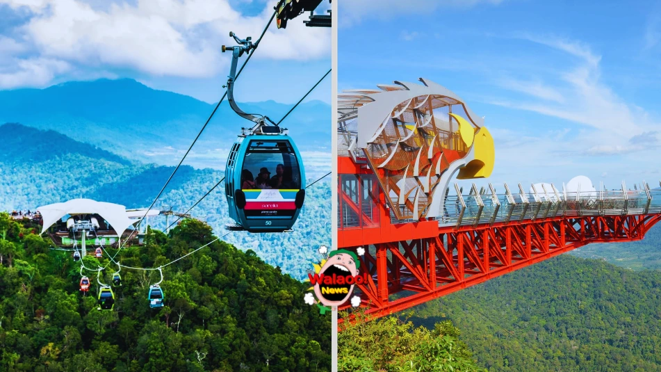 左图为 Langkawi SkyCab 缆车穿梭山林高空，右图为天空之桥大型老鹰观景台全景