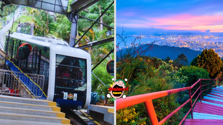 左图为槟城升旗山缆车载游客上山，右图为山顶观景台俯瞰槟城市区与日落景色。