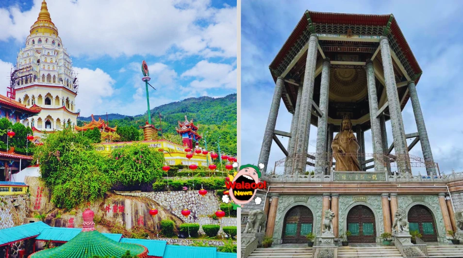 左图为槟城极乐寺七层万佛塔，右图为山顶巨型观音圣像与八角亭建筑。