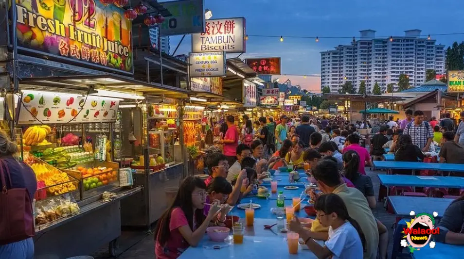 槟城新关仔角夜市人潮涌动，摊位售卖各式美食水果，游客在露天座位享用晚餐。