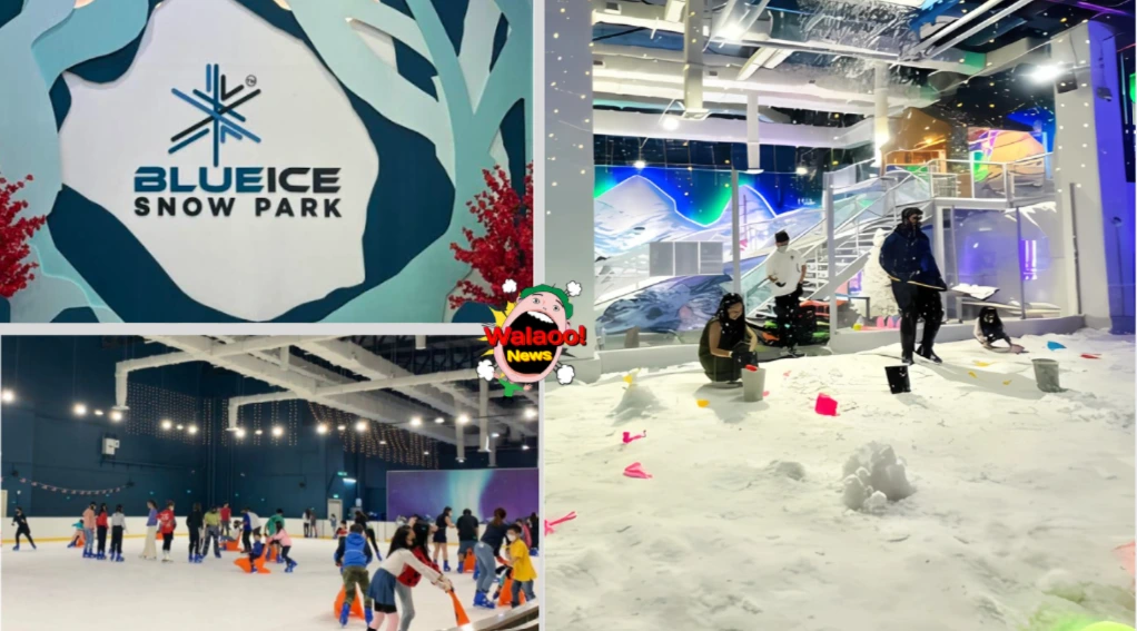 Blue Ice Snow Park 室内溜冰场有众人滑冰玩耍，右图为雪地堆雪玩乐区