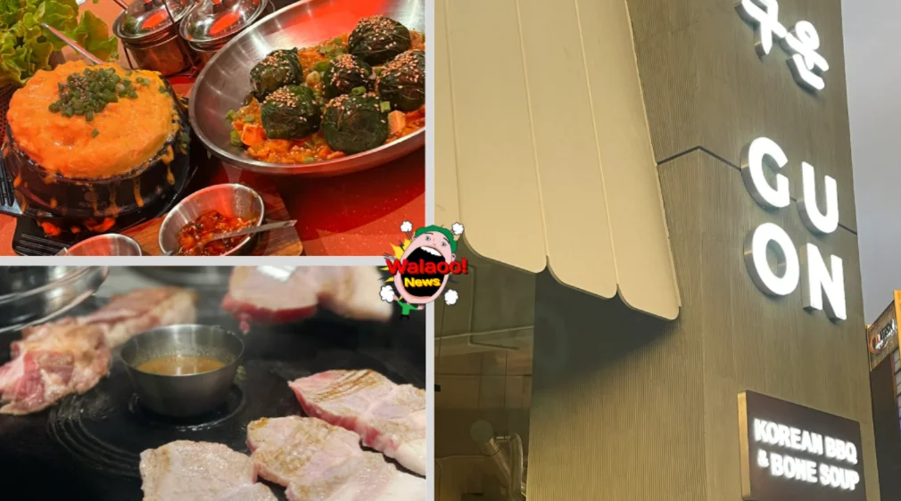 吉隆坡Gu On Korean BBQ，左图为烤肉、蒸蛋和韩式料理，右图为店外招牌。