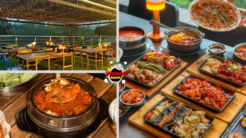 吉隆坡Ho Goon Camp，图中有露天灯饰座位区、泡菜汤、韩式煎饼及多样韩式料理拼盘。