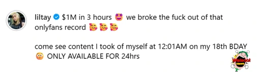 Instagram贴文截图显示Lil Tay称影片于18岁生日凌晨拍摄，3小时赚100万美金