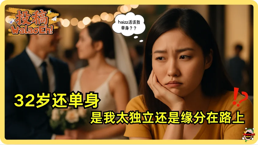 32岁单身女生皱眉陷入婚姻思考，背景新人结婚场景形成强烈对比