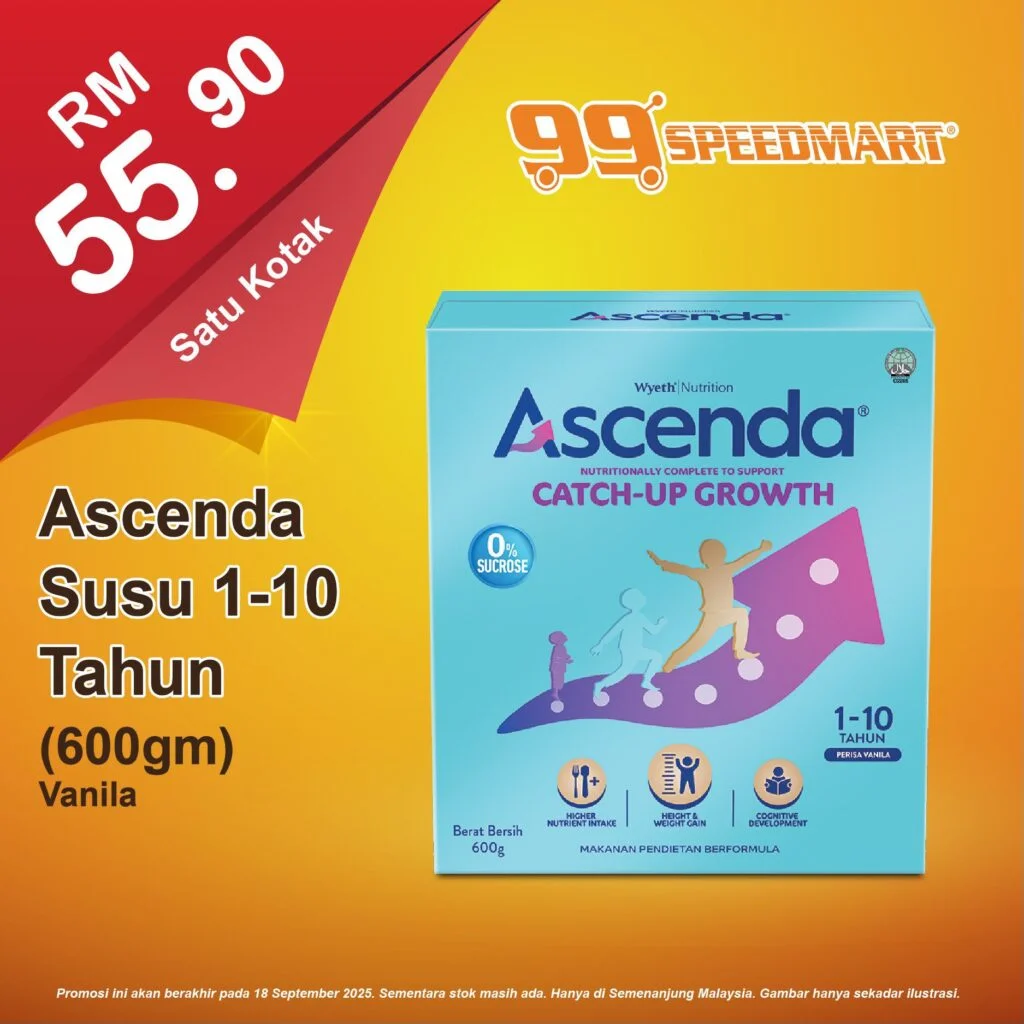 99 Speedmart 宣传图，主打 Ascenda 奶粉 1–10 岁儿童 600g（香草口味），售价 RM55.90。
