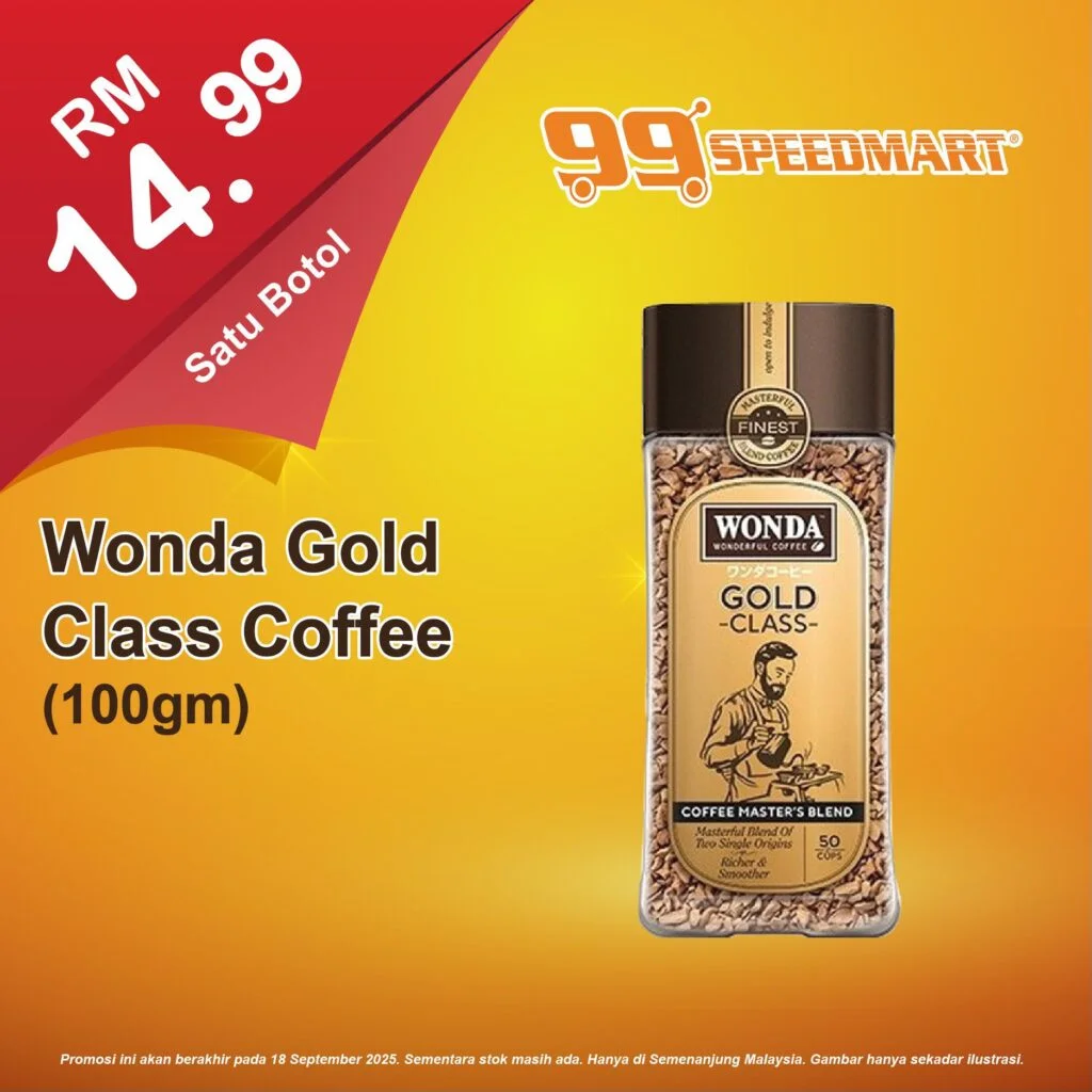 99 Speedmart 宣传图，主打 Wonda Gold Class 即溶咖啡 100g，售价 RM14.99。