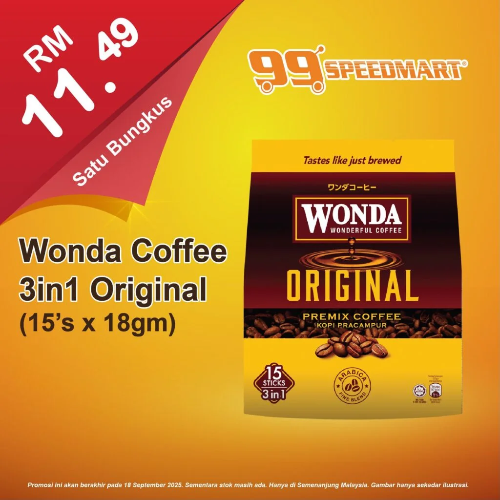 99 Speedmart 宣传图，主打 Wonda Coffee 3合1 原味速溶咖啡（15 条装），售价 RM11.49。