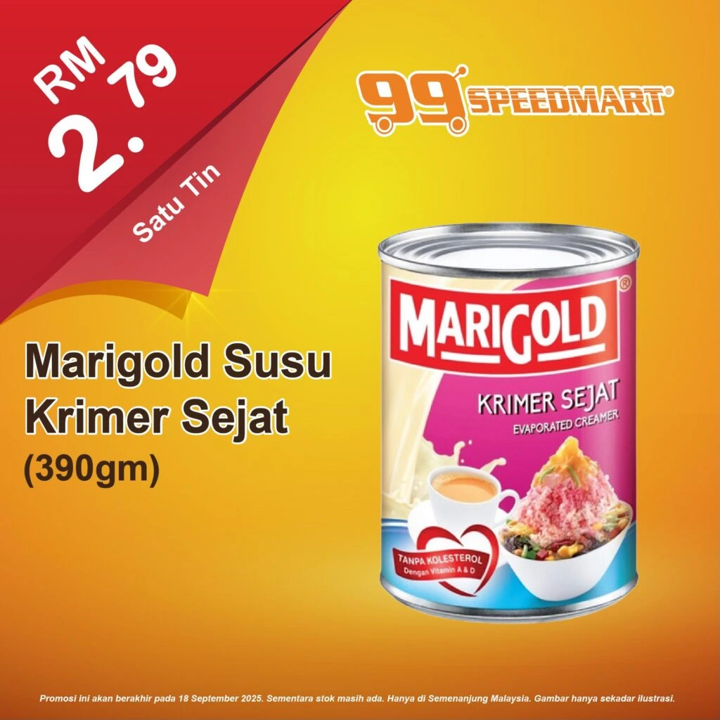 99 Speedmart 宣传图，主打 Marigold 淡奶 Krimer Sejat 390g，售价 RM2.79。