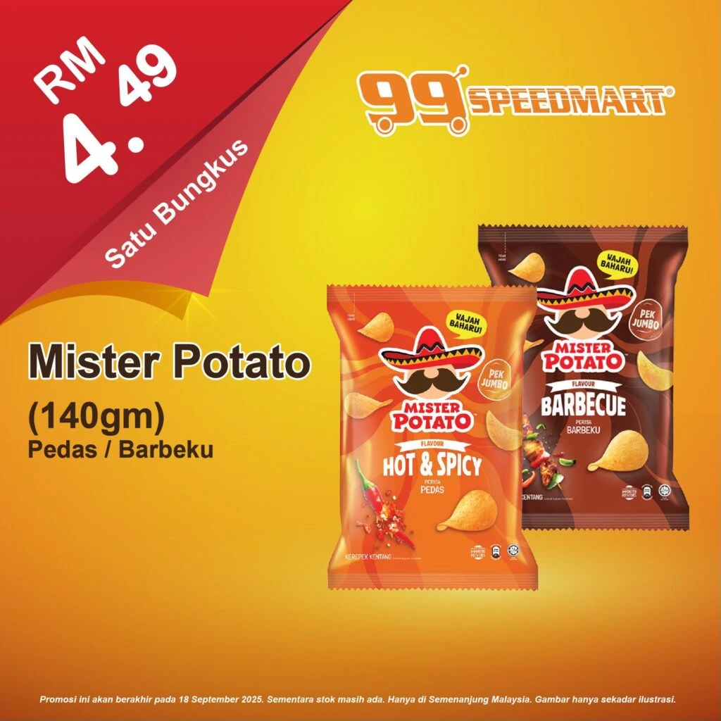 99 Speedmart 宣传图，主打 Mister Potato 薯片 140g（香辣 / 烧烤口味），售价 RM4.49。