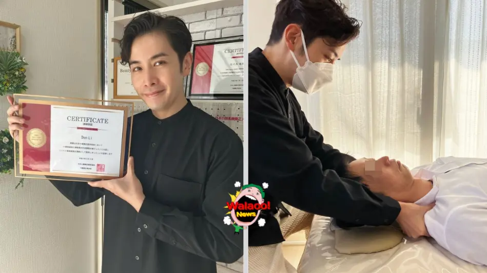 左图为李日朗手持小颜术证书微笑合影，右图为他戴口罩为顾客进行小颜术治疗
