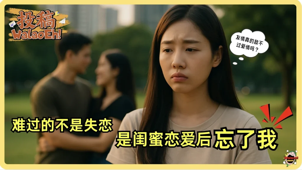 女生神情落寞 背景闺蜜与男友亲密互动 文字写着难过的不是失恋 而是闺蜜有他没我