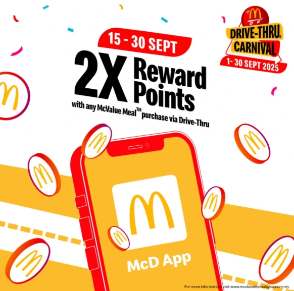麦当劳宣传海报，McD App被金币图案环绕显示买 McValue Meal 可享 2 倍积分