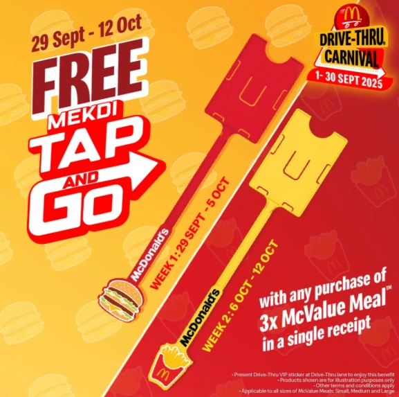 麦当劳宣传海报，显示购买 3 份 McValue Meal即可免费获赠 Mekdi Tap and Go。