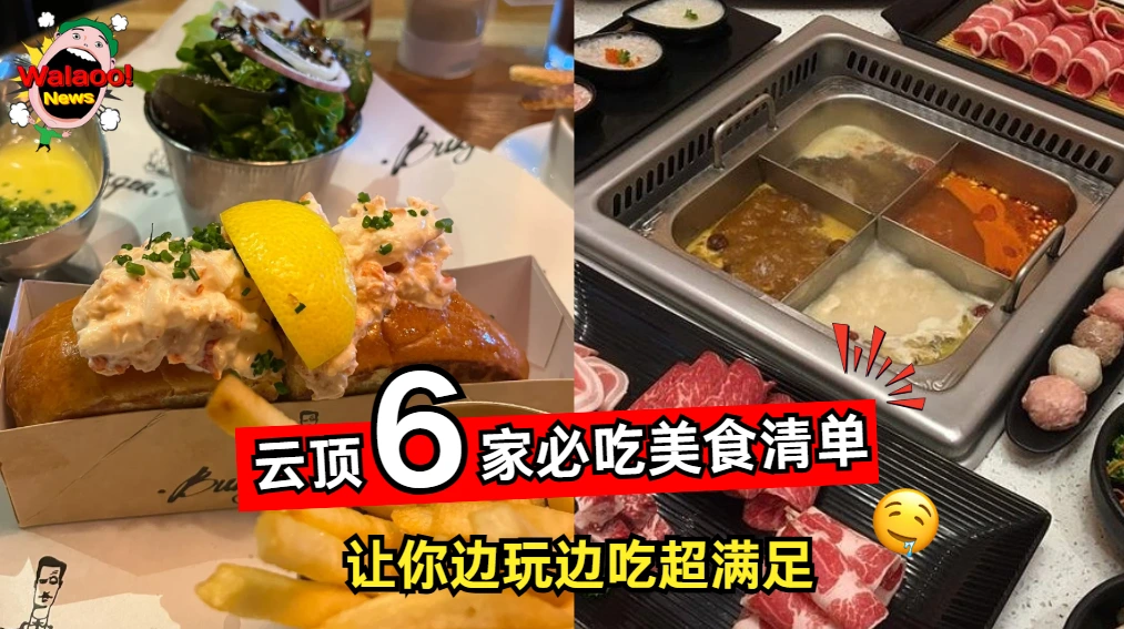 云顶美食特辑 左图龙虾卷配薯条 右图四格火锅热气腾腾