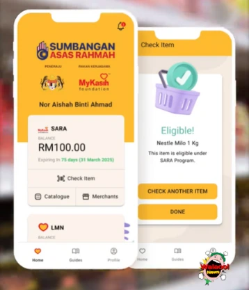 MyKasih RM100 援助金应用界面显示余额与可购买的合格物品