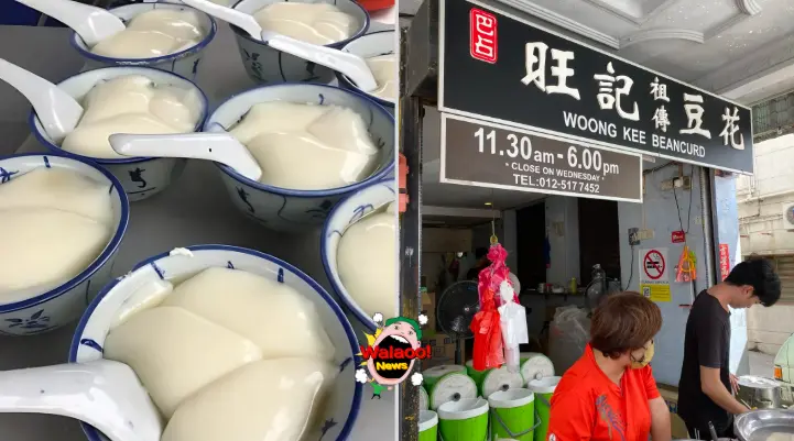 旺记祖传豆腐花盛满在蓝白碗中，怡保店面招牌与员工忙着准备