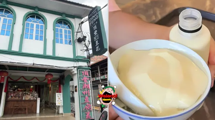 怡保顶丰潮州豆腐花店面保留复古绿白外墙风格，碗装甜品嫩滑与持着一瓶豆浆水
