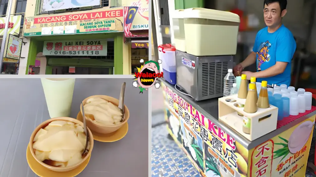 黎记豆浆豆花店面招牌显眼，摊位整齐，碗装豆花与豆浆香浓诱人。