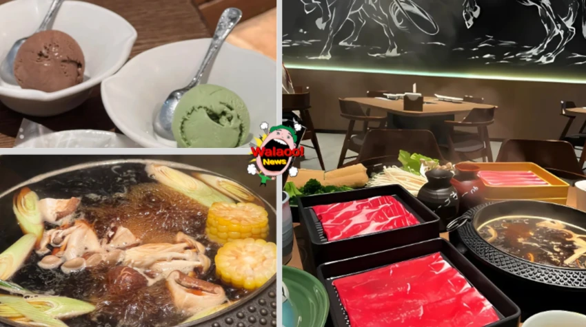 日式火锅用餐场景，桌上摆满新鲜切片牛肉、蔬菜拼盘与沸腾寿喜锅，一旁还有冰淇淋。