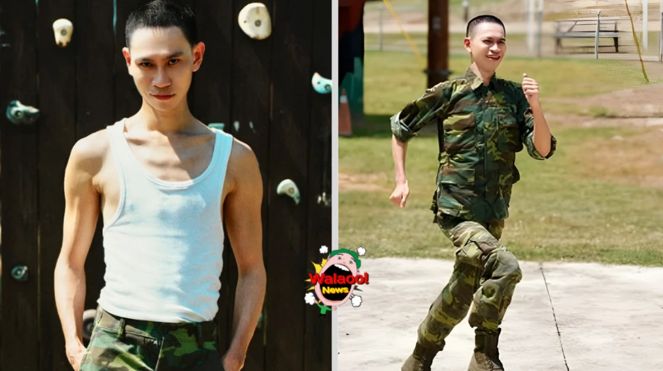 左图为Andy老师剃光头后穿白色背心造型，右图为他身穿军装进行操练