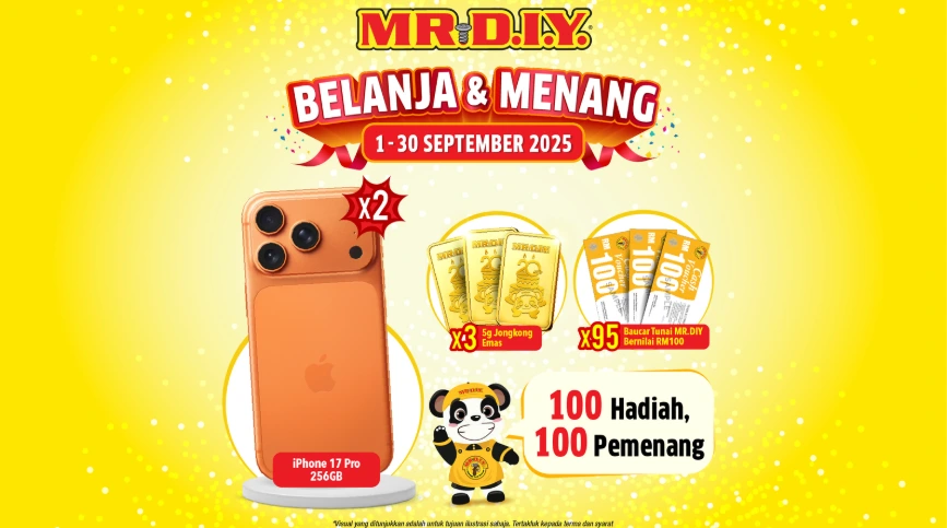 MR.DIY 9月 Belanja & Menang 活动宣传图，展示 iPhone 17 Pro、黄金条和购物礼券等大奖