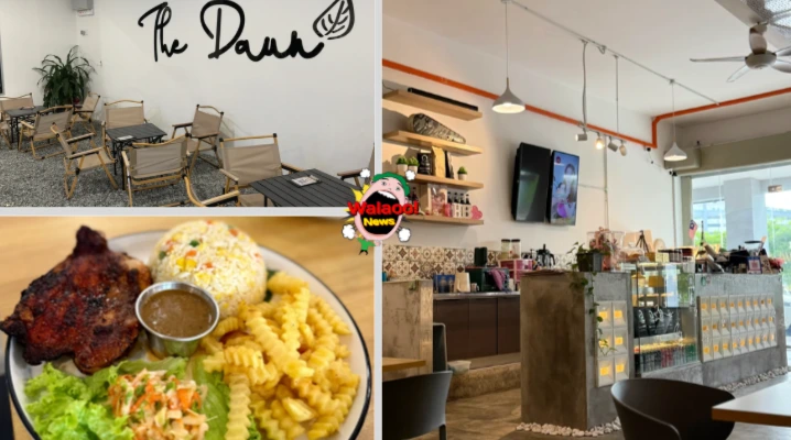 The Dawn Café 店内外环境展示简约露天座位，桌上摆放煎鸡扒、炸薯条、炒饭与沙拉套餐。