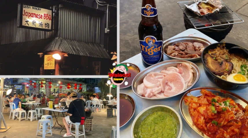 Japanese BBQ日式烧烤店外观与用餐环境，顾客们在户外用餐，桌上摆放生肉片、泡菜、拉面等。