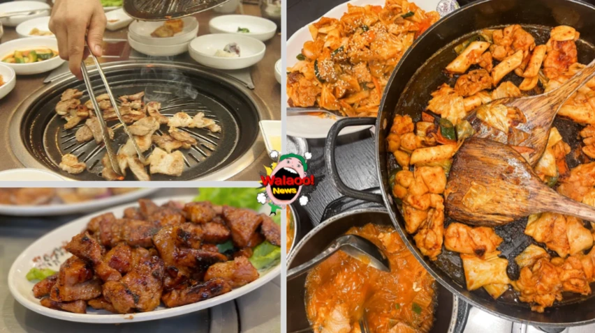 手持夹子在炭炉上烤肉，周围摆放多款小菜，铁锅内炒制辣味鸡肉与蔬菜等料理。