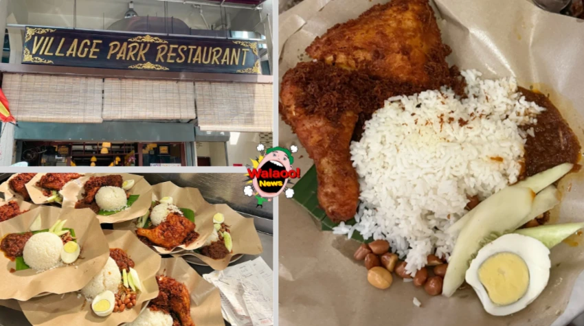 Village Park Restaurant 外观与招牌，拼图中展示多份纸包椰浆饭，右侧特写一盘招牌炸鸡椰浆饭。