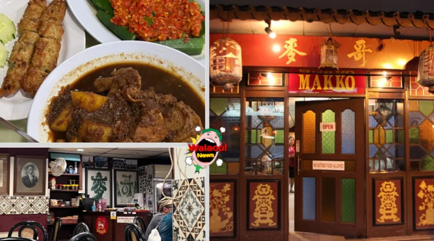 餐厅外观复古红色招牌，店内古色装饰，餐桌摆有咖喱鸡与春卷娘惹菜