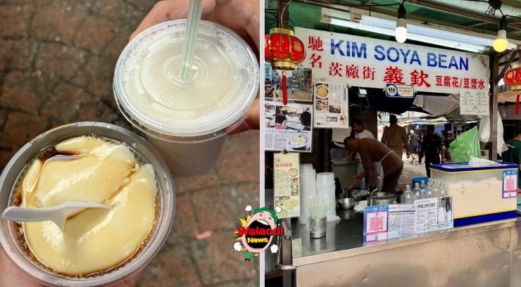 左图一杯豆浆和一碗糖浆豆花，右图是KIM SOYA BEAN摊位外观。