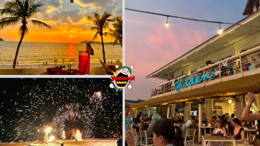 兰卡威 Hidden Bar 海边餐厅，夕阳海景搭配鸡尾酒，夜晚有喷火秀表演氛围热闹浪漫。