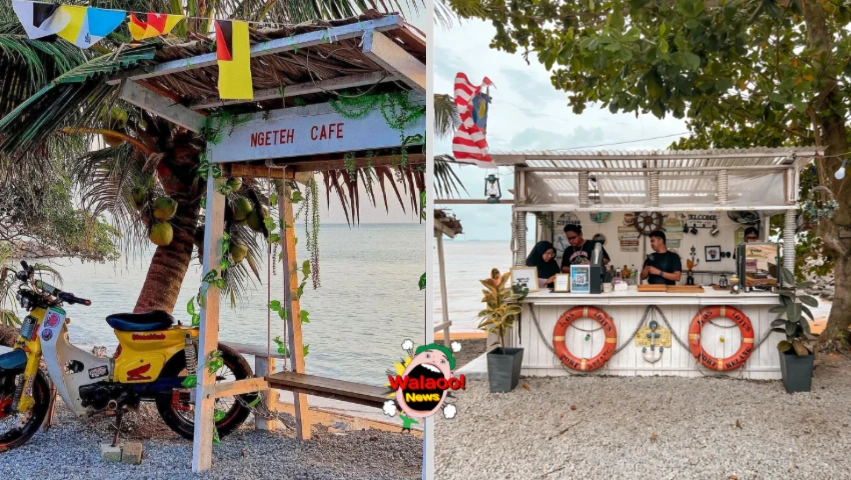 马六甲 Ngeteh Cafe，海边木亭与复古摩托，白色吧台面海氛围休闲。