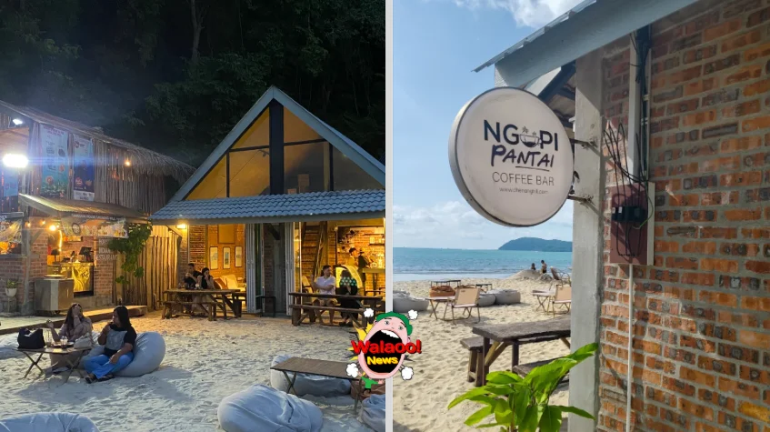 兰卡威 Ngopi Pantai Coffee Bar，夜晚木屋沙滩座位，白日可观海景氛围悠闲。