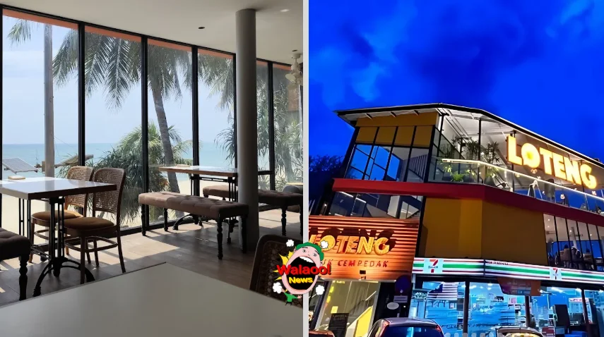 关丹 Loteng Telok Chempedak 餐馆，室内落地窗可观海景，夜晚外观灯光亮眼。